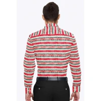 Men's Cotton Blended Striped Full Sleeve Shirt (Red-White) - L