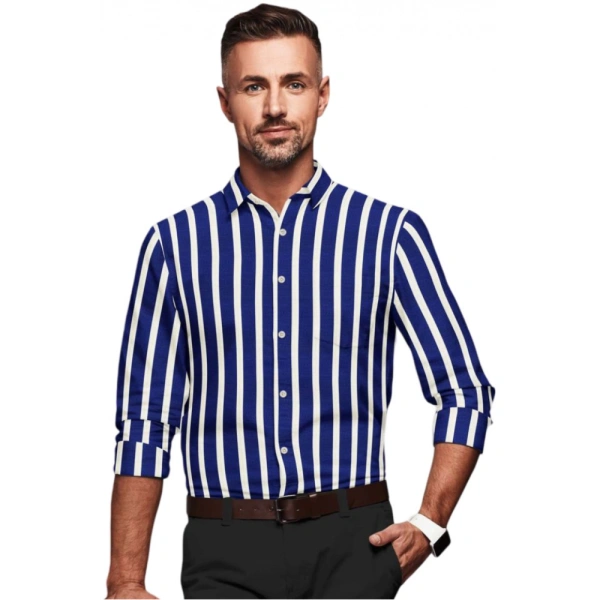 Men's Cotton Blended Striped Full Sleeve Shirt (White-Blue) - XL