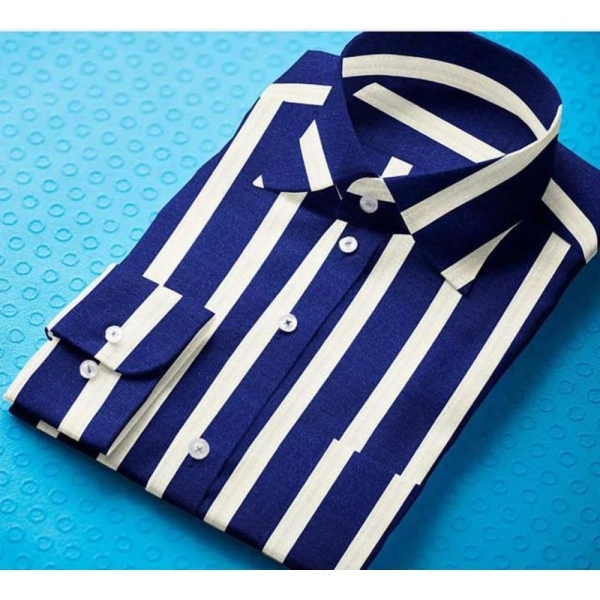 Men's Cotton Blended Striped Full Sleeve Shirt (White-Blue) - XL
