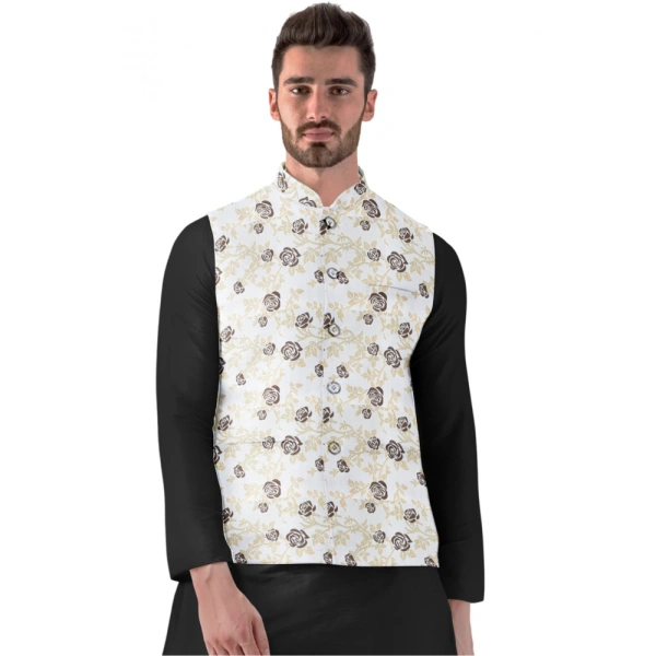 Men's Jacquard Printed Full Sleeve Waistcoat (Beige) - 38
