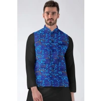 Men's Jacquard Printed Full Sleeve Waistcoat (Blue) - 38