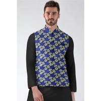 Men's Jacquard Printed Full Sleeve Waistcoat (Blue) - 36