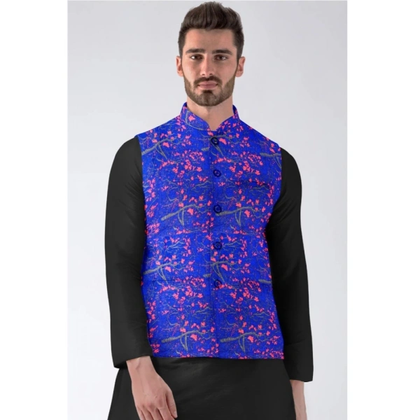 Men's Jacquard Printed Full Sleeve Waistcoat (Blue) - 36