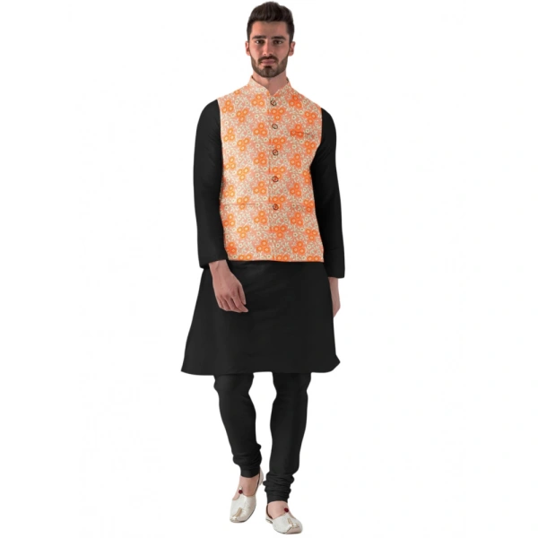 Men's Jacquard Printed Full Sleeve Waistcoat (Orange) - 38