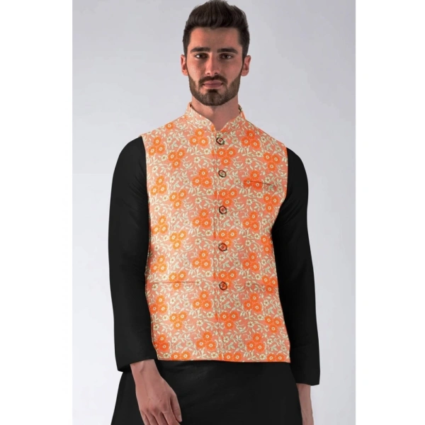 Men's Jacquard Printed Full Sleeve Waistcoat (Orange) - 38