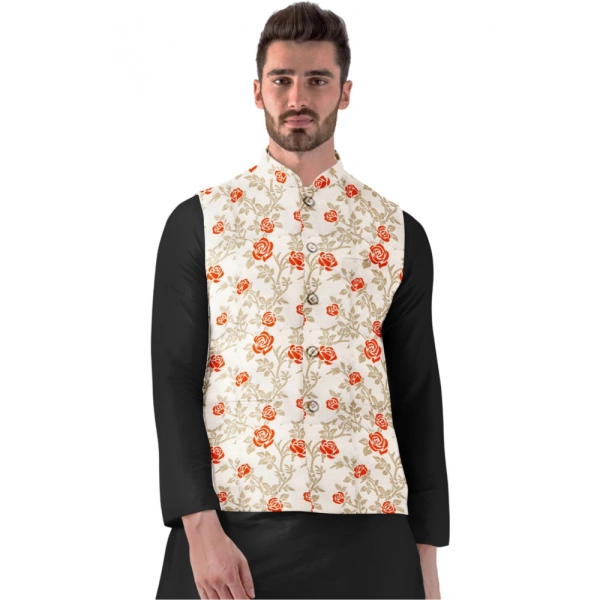 Men's Jacquard Printed Full Sleeve Waistcoat (Orange-Beige) - 40
