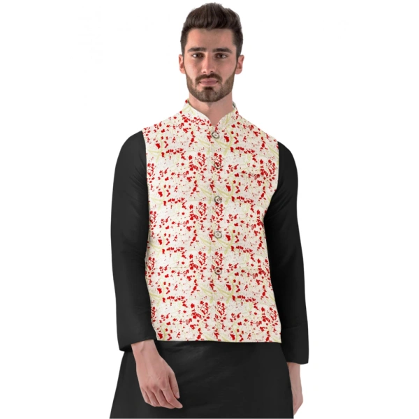 Men's Jacquard Printed Full Sleeve Waistcoat (Red-Beige) - 38