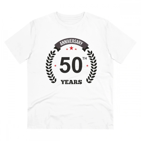 Men's PC Cotton 50th Anniversary Printed T Shirt (Color: White, Thread Count: 180GSM) - L