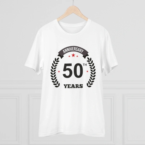 Men's PC Cotton 50th Anniversary Printed T Shirt (Color: White, Thread Count: 180GSM) - L