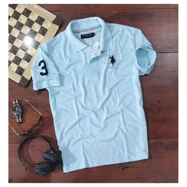 Men's Casual Half sleeve Solid Cotton Polo Neck T-shirt (Sky Blue) - M