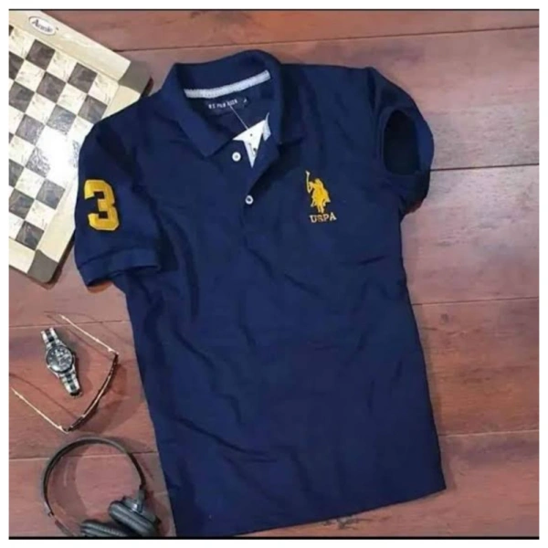 Men's Casual Half sleeve Solid Cotton Polo Neck T-shirt (Navy) - M