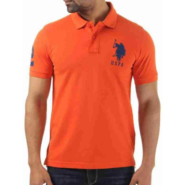 Men's Casual Half sleeve Solid Cotton Polo Neck T-shirt (Orange) - L