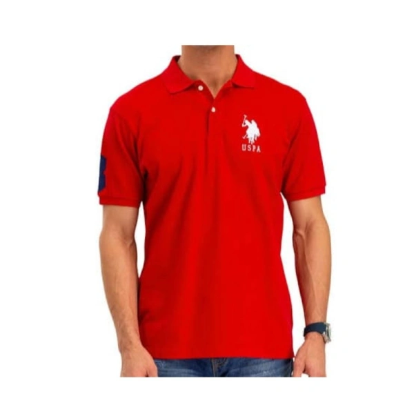 Men's Casual Half sleeve Solid Cotton Polo Neck T-shirt (Red) - 2XL