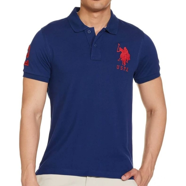 Men's Casual Half sleeve Solid Cotton Polo Neck T-shirt (Dark Blue) - M