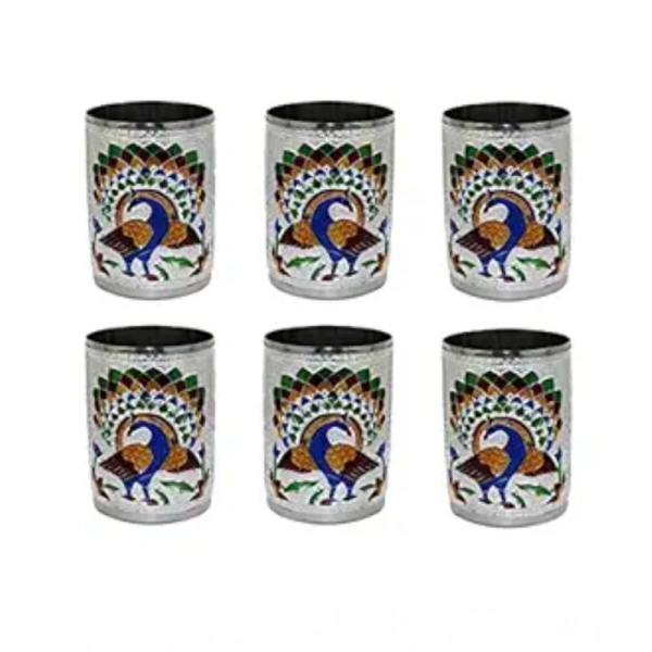 Generic Steel Meenakari Peacock Design Decorative Glass Set (Silver) - Silver