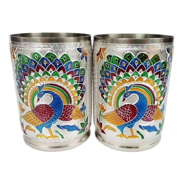 Generic Steel Meenakari Peacock Design Decorative Glass Set (Silver) - Silver