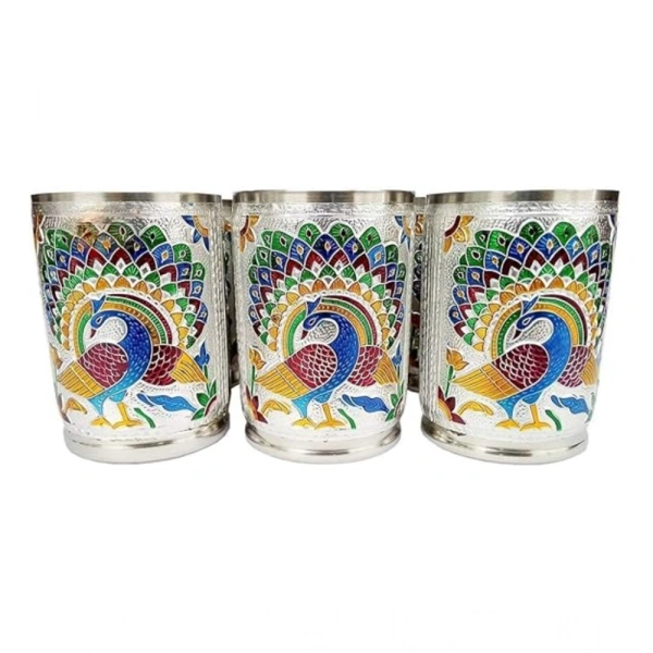 Generic Steel Meenakari Peacock Design Decorative Glass Set (Silver) - Silver