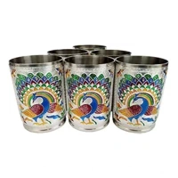 Generic Steel Meenakari Peacock Design Decorative Glass Set (Silver) - Silver