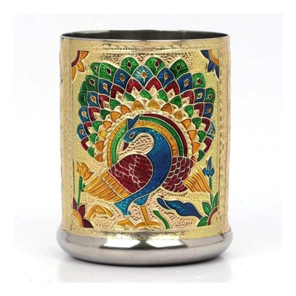Generic Steel Meenakari Peacock Design Decorative Glass Set (Gold) - Gold