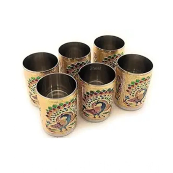 Generic Steel Meenakari Peacock Design Decorative Glass Set (Gold) - Gold