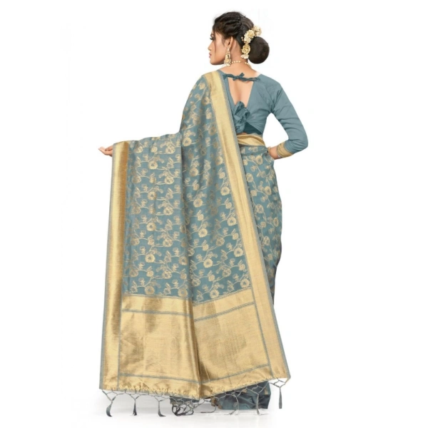 Women's Banarasi (Spun Cotton) Saree (Grey,5-6 Mtrs) - Grey