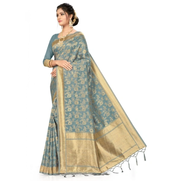 Women's Banarasi (Spun Cotton) Saree (Grey,5-6 Mtrs) - Grey