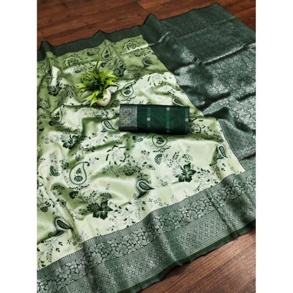 Generic Women's Banarasi Jacquard Printed Saree With Unstitched Blouse 5.5Mtr (Green) - Green