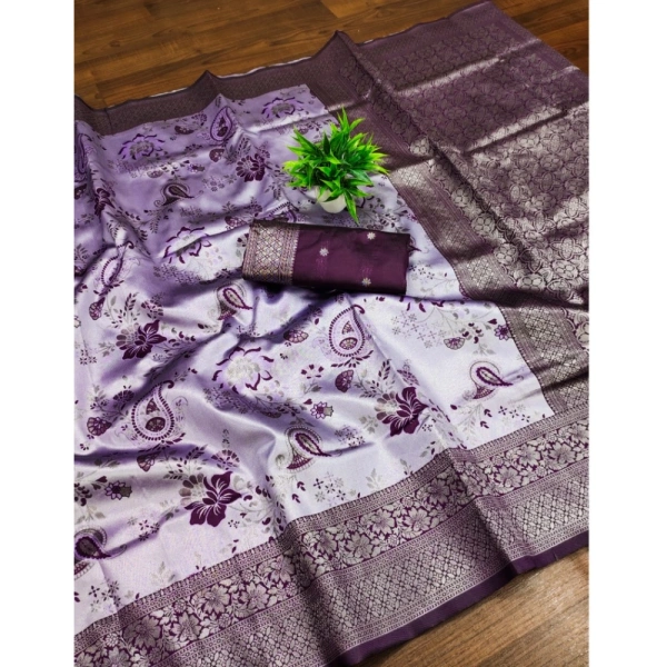 Generic Women's Banarasi Jacquard Printed Saree With Unstitched Blouse 5.5Mtr (Purple) - Purple