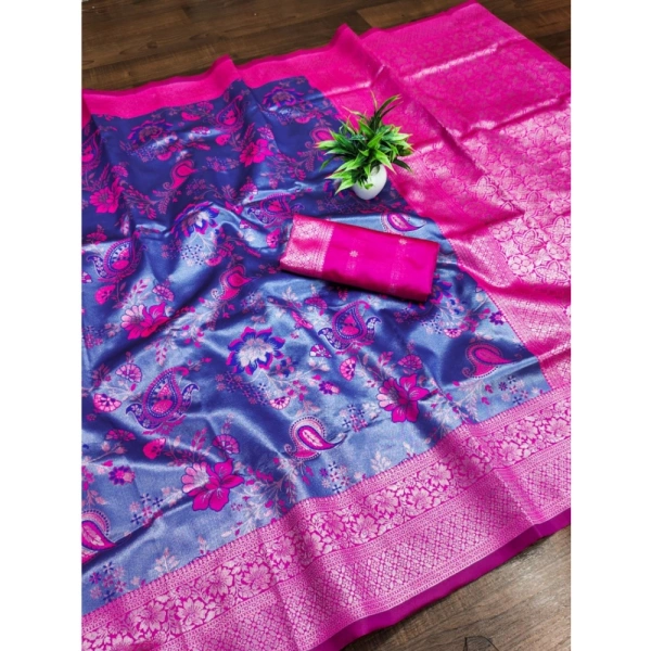 Generic Women's Banarasi Jacquard Printed Saree With Unstitched Blouse 5.5Mtr (Navy Blue) - Navy Blue