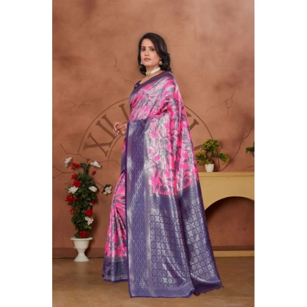 Women's Banarasi Silk Jaquard Woven Saree With Unstitched Blouse 5.5Mtr (Pink)