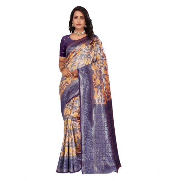Women's Banarasi Silk Jaquard Woven Saree With Unstitched Blouse 5.5Mtr (Orange)