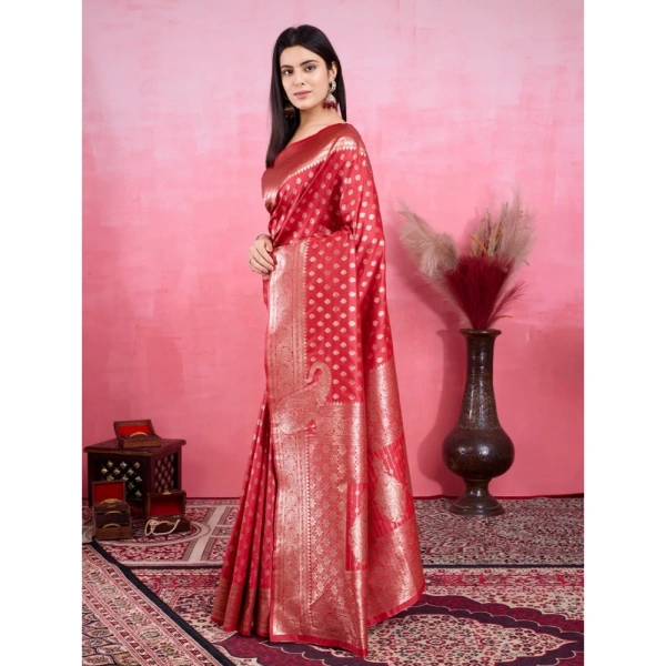 Women's Banarasi Silk Printed Saree With Unstitched Blouse 5.5Mtr (Red)