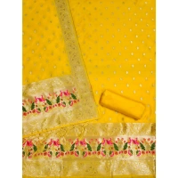 Generic Women's Banarasi Silk Printed Unstitched Salwar Suit Material With Dupatta (Yellow, 3Mtrs)
