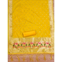 Generic Women's Banarasi Silk Printed Unstitched Salwar Suit Material With Dupatta (Yellow, 3Mtrs)