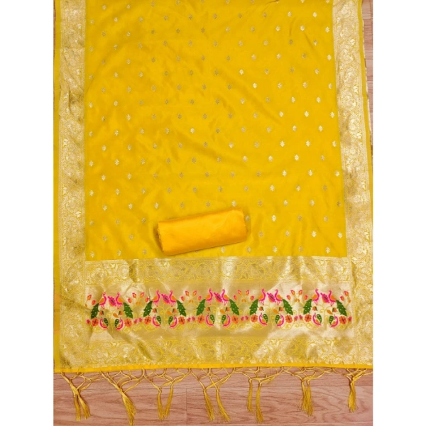 Generic Women's Banarasi Silk Printed Unstitched Salwar Suit Material With Dupatta (Yellow, 3Mtrs)