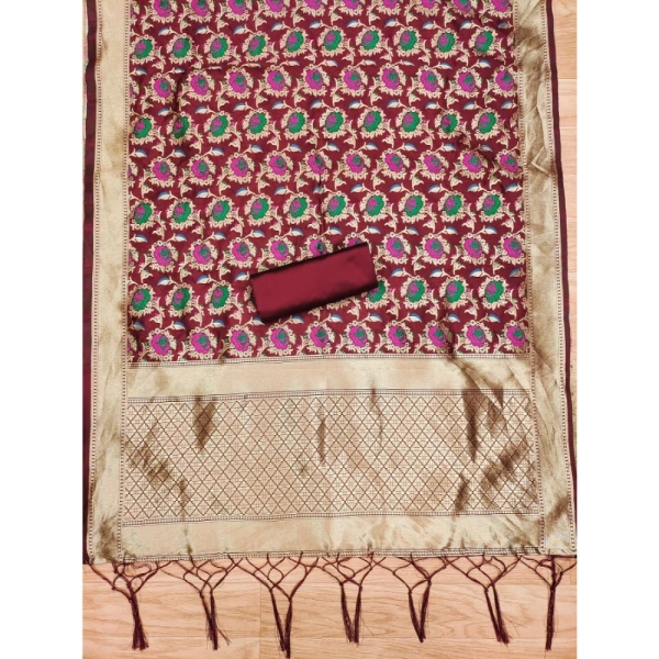 Generic Women's Banarasi Silk Printed Unstitched Salwar Suit Material With Dupatta (Maroon, 3Mtrs)