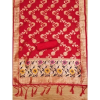 Generic Women's Banarasi Silk Printed Unstitched Salwar Suit Material With Dupatta (Red, 3Mtrs)