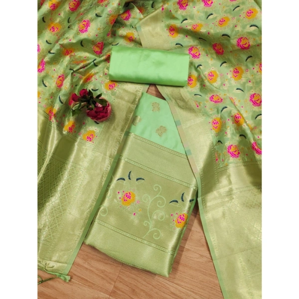 Generic Women's Banarasi Silk Printed Unstitched Salwar Suit Material With Dupatta (Pista, 3Mtrs)