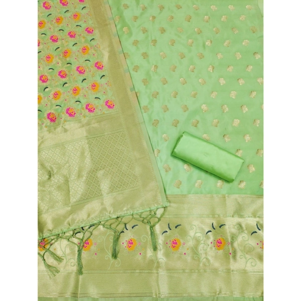 Generic Women's Banarasi Silk Printed Unstitched Salwar Suit Material With Dupatta (Pista, 3Mtrs)