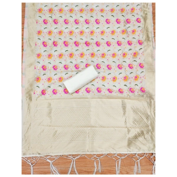 Generic Women's Banarasi Silk Printed Unstitched Salwar Suit Material With Dupatta (White, 3Mtrs)