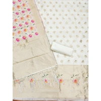 Generic Women's Banarasi Silk Printed Unstitched Salwar Suit Material With Dupatta (White, 3Mtrs)