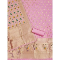 Generic Women's Banarasi Silk Printed Unstitched Salwar Suit Material With Dupatta (Pink, 3Mtrs)