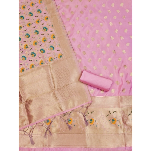Generic Women's Banarasi Silk Printed Unstitched Salwar Suit Material With Dupatta (Pink, 3Mtrs)