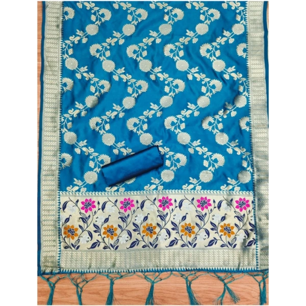 Generic Women's Banarasi Silk Printed Unstitched Salwar Suit Material With Dupatta (Blue, 3Mtrs)