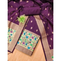 Shopnav Women's Banarasi Silk Printed Unstitched Salwar Suit Material With Dupatta (Wine, 3Mtrs)