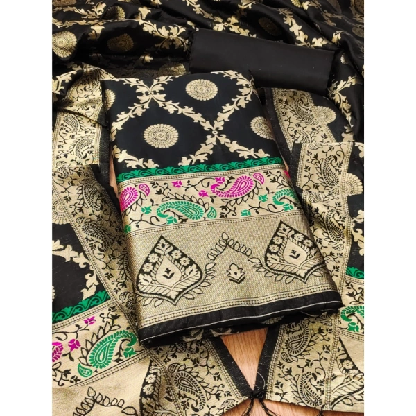 Shopnav Women's Banarasi Silk Printed Unstitched Salwar Suit Material With Dupatta (Black, 3Mtrs)
