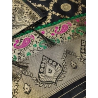 Shopnav Women's Banarasi Silk Printed Unstitched Salwar Suit Material With Dupatta (Black, 3Mtrs)