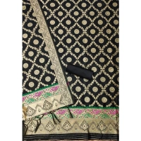 Shopnav Women's Banarasi Silk Printed Unstitched Salwar Suit Material With Dupatta (Black, 3Mtrs)