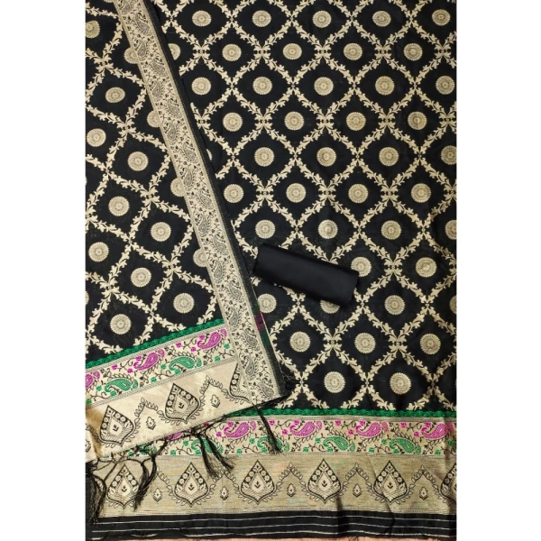 Shopnav Women's Banarasi Silk Printed Unstitched Salwar Suit Material With Dupatta (Black, 3Mtrs)