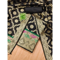 Shopnav Women's Banarasi Silk Printed Unstitched Salwar Suit Material With Dupatta (Black, 3Mtrs)